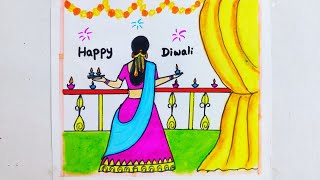 Diwali drawing for school compitition/diwali drawing/diwali poster drawing/diwali drawing easy steps