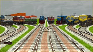 8 INDIAN TRAINS CROSSING AT FORKED BRANCHED RAILROAD TRACKS | Train Simulator | Railroad Crossing