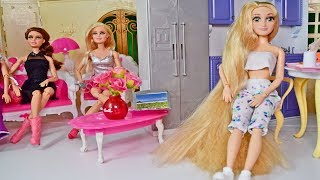 LONG EYELASHES BARBIE  RAPUNZEL PRINCESS | Doll House  Kitchen Dining Living Room Day Routine