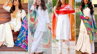 Simple White dresses with multi dupatta / white suit with colourful dupatta Contras Ideas ||