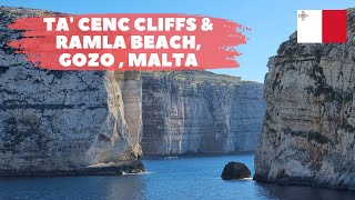 Ta Cenc, the highest cliffs in Gozo Island, Malta and Ramla Beach with red sand at the Mediterranean