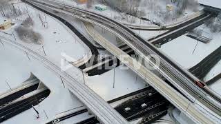 Aerial view of a freeway intersection Snow covered in winter