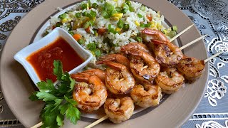 How to make fried rice with grilled shrimp-ارز على الطريقة الصينية بالجمبري المشوي (الكروفيت)