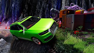 Cars VS  DANGEROUS CLİFF #9 Rainy Slippery Road - Don't Stop - BeamNG Drive