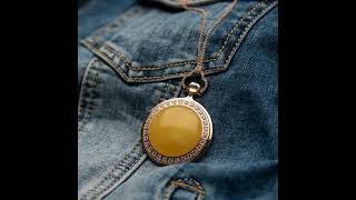 Amber necklace as a pocket watch design, made from 925 silver gold plated, Baltic geniue amber je...