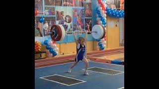 6-year-old Varvara Kuzminova (bodyweight 26.5 kg) clean&jerks 25 kg