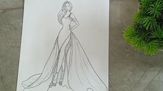 girl with beautiful dress sketch for beginners // drawing a girl step by step.