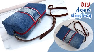 how to make denim zipper pouch bag from old jeans,denim sling bag diy ,recycle old jeans