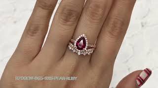 Pear Halo Diamond Ruby Ring and Crown Diamond Band Bridal Set