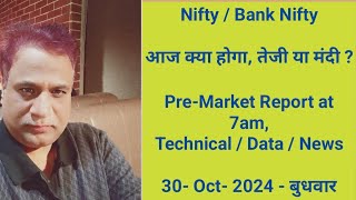 Nifty, Bank Nifty Technical / Data,  Pre- Market Update at 7 am,    30 -Oct -2024