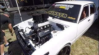 Cleetus McFarland nearly crashes Nathans $100,000 KE30 V8 swap Corolla @ Summernats. HUGE burnout!