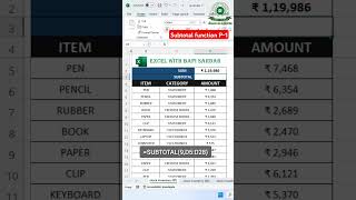 Subtotal function P-1 | #shorts #trending #excelwithbapisardar #exceltips #short