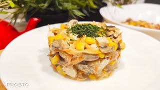 Салат с курицей и шампиньонами. Салат с кукурузой