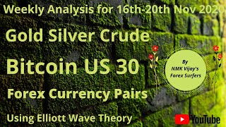 Gold Silver Crude Bitcoin US30 and Currency Weekly Analysis for 16- 20th Nov 2020 Using Elliott wave