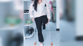 Amputee Girl Posing With Crutches & Empty Pant Leg | Amputada | One Legged Woman