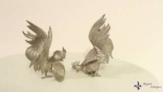 Antique Pair Italian Silver Plated Fighting Cockerels 20th C