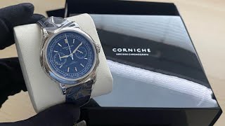 Men's silver Corniche watch with leather strap Chronograph Steel with Blue dial 39MM