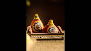 Terracotta warli Hand-Painted Salt & Pepper Shaker with wooden tray!