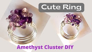 CUTE Cluster Ring, Amethyst chips/ Wire Wrap ring Fast Easy to Make/Simple Beginner fun Ring/