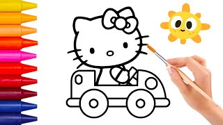 How to draw Hello Kitty drawing a car - Hướng dẫn vẽ mèo Hello Kitty lái xe ô tô