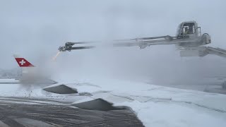 Preparing for Takeoff: Deicing and Anti-Icing of an Aircraft at Zurich Airport 🇨🇭 Switzerland 2023