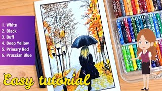 Rainy Day scenery with oil pastel /girl with umbrella scenery/Oil pastel drawing