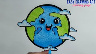 cute earth drawing & coloring page for kids || how to draw step by step world earth day drawing