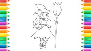 How to Draw a Cute Halloween Witch for Kids Cute Halloween Witch Drawing and Coloring