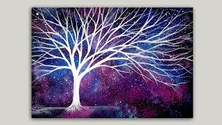 Acrylic Painting: Starry Galaxy and White Tree- Fantasy Silhouette Painting Demonstration