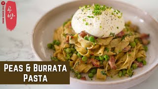 Burrata Pasta Recipe: Tagliatelle with Peas & Burrata, Bacon, Chanterelle, Mascarpone!