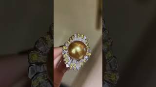 13-14mm south sea golden pearl ring in 18k gold & diamonds