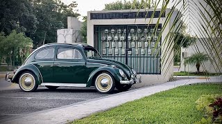 4K Video: Green 1962 WV Beetle Factory Canvas Sliding Roof Classic Vintage Car, Mexico