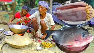 rural grandma cooking RUPCHAND FISH curry with BANANA FLOWER || how to cook rupchand fish curry