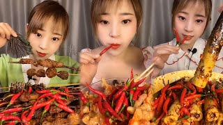 Crispy Giant Shrimp Cutlets | Garlic chili eating show | spicy hot pot with alots off chili 🌶️🔥🥵