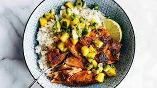 BBQ Salmon Bowls with Mango Avocado Salsa