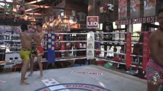 Saenchai Sor Kingstar Clinching with Tony and Brock