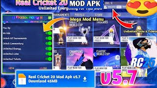 Real Cricket 20 v5.7 Mod Apk Download  Letest Version Everything Unlocked Unlimited coins & tickets