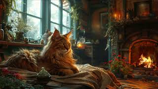 Cosy Cottage Front Room | Cat Relaxing Infront of an Open Fire | Wind Blowing | Fire Crackling