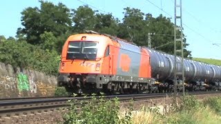 Züge bei Hattenheim am Rhein, RTS Taurus 183, SBB Cargo Re428, 145, 3x 185, 3x 428