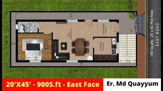 EAST FACING HOUSE PLAN AS PAR VASTU (Sq Ft-900)- 20' X 45' -100 sq.yard | 1BHK - GROUND FLOOR