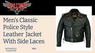 Men's Classic Police Style Leather Motorcycle Jacket With Side Laces