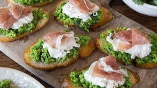 Pea Pesto Crostini with California Burrata