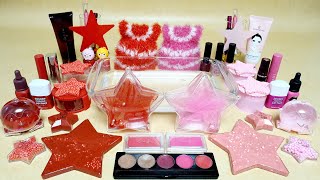 RED & PINK STAR SLIME Mixing Makeup, parts and glitter into Slime! Satisfying Slime ASMR!