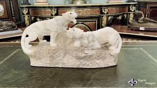 Antique Art Deco Alabaster Sculpture of a Pair of Lioness