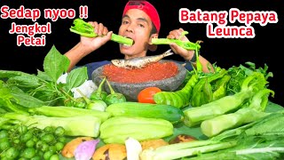 MUKBANG ANEKA LALAPAN MENTAH SAMBAL TERASI IKAN ASIN, BATANG PEPAYA,LEUNCA,JENGKOL,TERONG,PETAI DLL