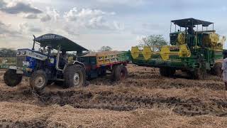 Swaraj 744 Fe tractor loaded trolley || Struggling in mud pulling out John deere 5405 4wd harvester