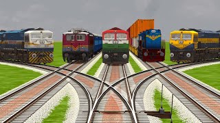 5 INDIAN TRAINS CROSSING ON RISKY CURVED BUMPY RAILROAD TRACKS | Train Simulator | Railroad Crossing