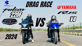 bajaj pulsar 220F 2024 vs Yamaha R15 v4 | Drag race | shocking results 😱