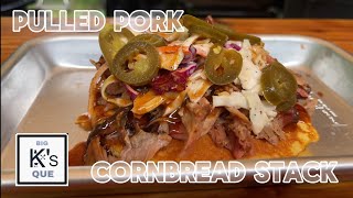 Pulled pork cornbread stack on the griddle