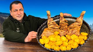 Juicy Lamb Thighs Mixed Fried with French Potatoes Cooked Outdoors